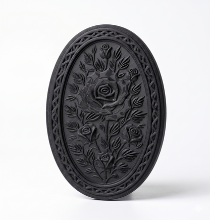 Gothic Rose Oval Wall Plaque | 3D Printed Carved Floral Wall Decor | Dark Botanical Art