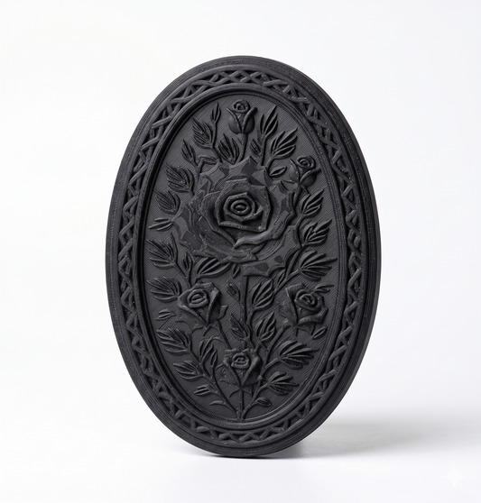 Gothic Rose Oval Wall Plaque | 3D Printed Carved Floral Wall Decor | Dark Botanical Art