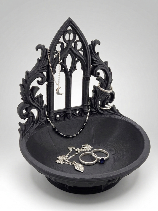 Gothic Cathedral Trinket Dish – Matte Black Jewelry Tray, Dark Academia Decor