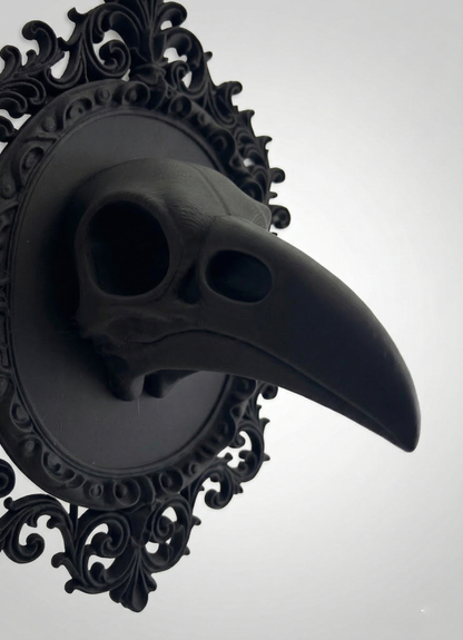 Raven Skull Wall Decor - 3D Printed Crow Skull in Baroque Frame - Gothic Taxidermy Art - Dark Academia Decor - Black PLA Wall Hanging