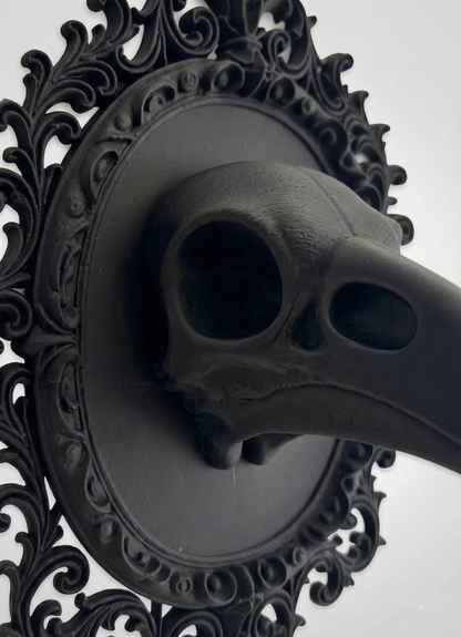 Raven Skull Wall Decor - 3D Printed Crow Skull in Baroque Frame - Gothic Taxidermy Art - Dark Academia Decor - Black PLA Wall Hanging