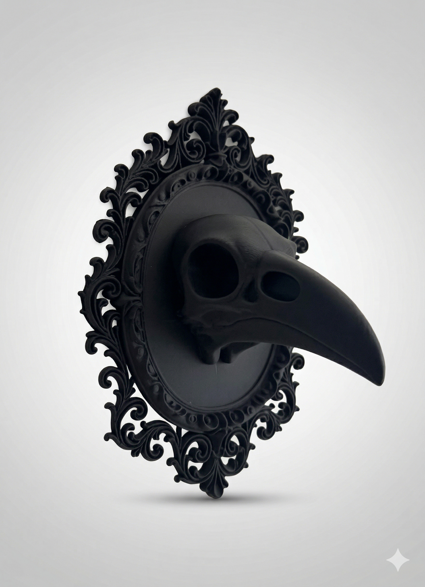 Raven Skull Wall Decor - 3D Printed Crow Skull in Baroque Frame - Gothic Taxidermy Art - Dark Academia Decor - Black PLA Wall Hanging