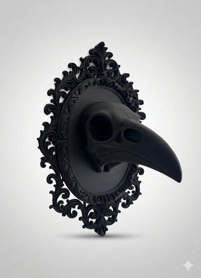 Raven Skull Wall Decor - 3D Printed Crow Skull in Baroque Frame - Gothic Taxidermy Art - Dark Academia Decor - Black PLA Wall Hanging