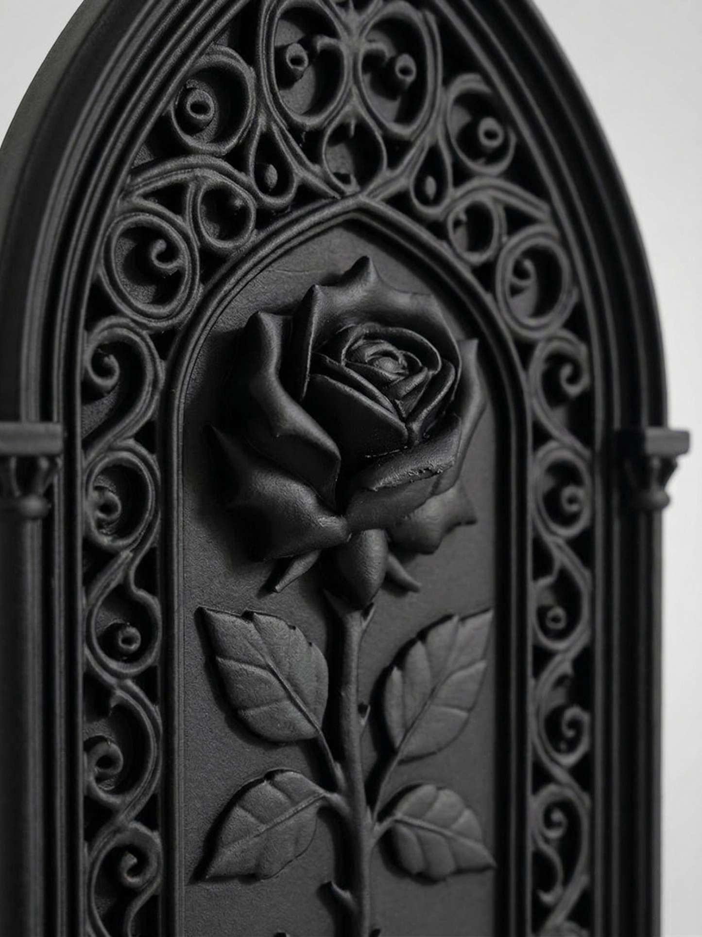Gothic Rose Wall Decor – 3D Printed Cathedral Window Art, Matte Black Home Decor