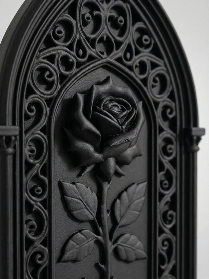 Gothic Rose Wall Decor – 3D Printed Cathedral Window Art, Matte Black Home Decor
