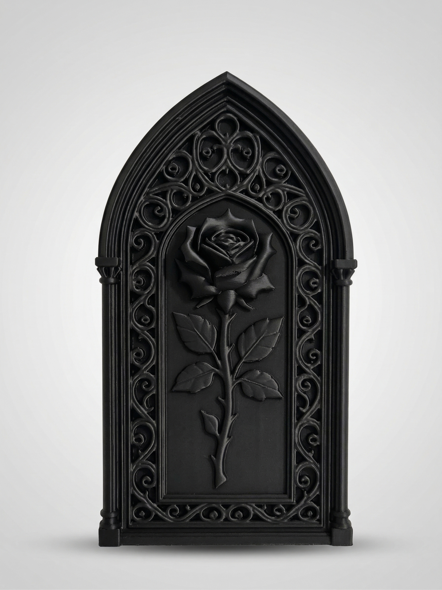 Gothic Rose Wall Decor – 3D Printed Cathedral Window Art, Matte Black Home Decor