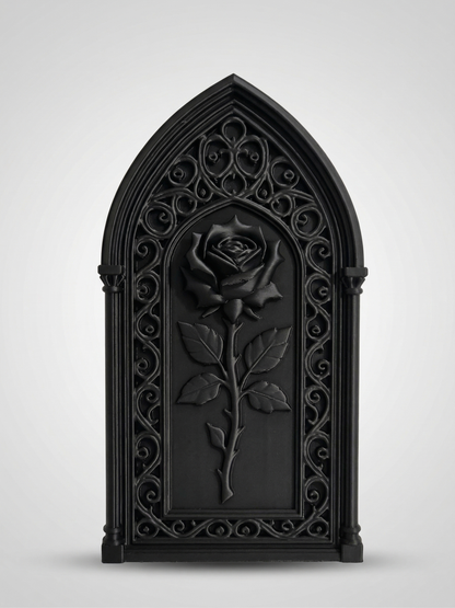 Gothic Rose Wall Decor – 3D Printed Cathedral Window Art, Matte Black Home Decor